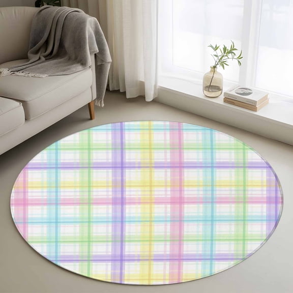 White Grid 3ft Area Rug, Colorful Plaid Modern Geometric Pattern Washable Non-Slip Small Round Rugs for Entryway Bedroom Kitchen, Soft Circle Carpet for Dining Room, Playroom Nursery Rug