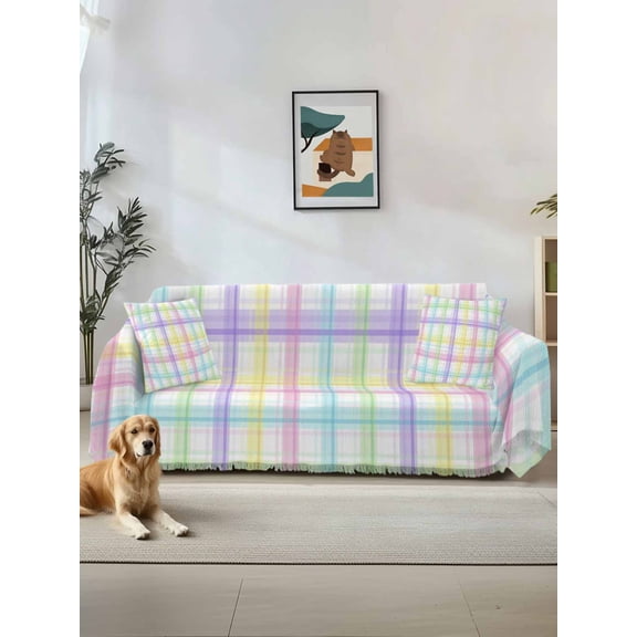 White Grid Couch Cover, Colorful Plaid Modern Geometric Pattern Oversized Sofa Cover Blanket for 3 Cushion Couch, Sectional Sofa Slipcover Furniture Protector for Living Room Bedroom 71''x150''
