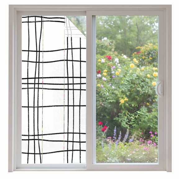 White Grid Line Window Privacy Film Modern Minimalist Abstract Black Linear Check Decorative Glass Window Film UV Blocking Static Cling Non-Adhesive Sticker Covering for Home Door 35.4x78.7 inches
