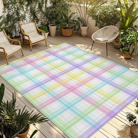 White Grid Outdoor Rug for Patio/Deck/Porch, Non-Slip Large Area Rug 4 x 6 Ft, Colorful Plaid Modern Geometric Pattern Indoor Outdoor Rugs Washable Area Rugs, Reversible Camping Rug Carpet Runner