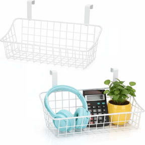White Grid Storage Basket with Hook for Over the Door or Railing Use 2 Pack