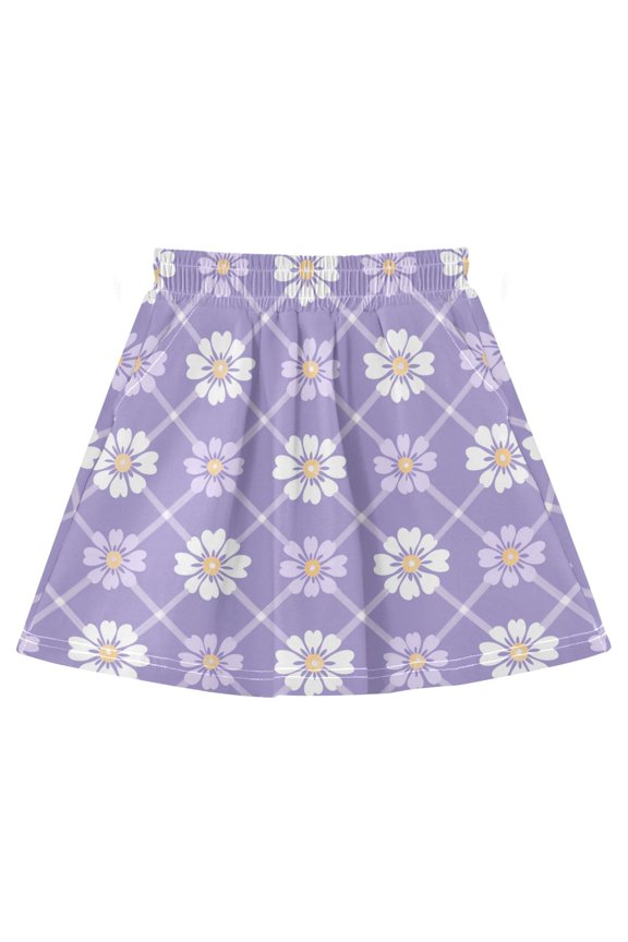 White Grids on Purple Background with Daisies Girls' Skirts A-Line Skirts with Under Dress Shorts Elastic Waist 7-8Y