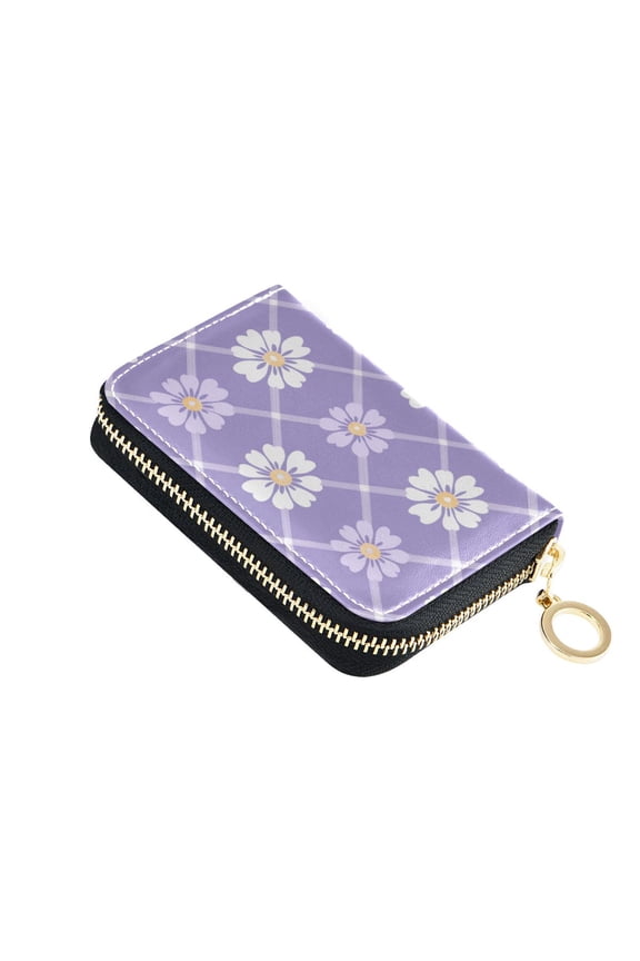 White Grids on Purple Background with Daisies Women's Credit Card Holder PU Leather Zipper Wallet RFID Blocking