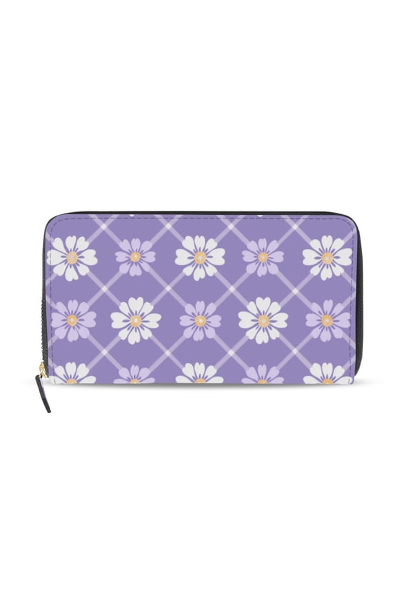 White Grids on Purple Background with Daisies Women's Long Zipper Wallet Bifold Clutch Purse PU Leather Card Cases