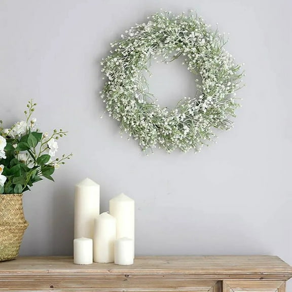 White Gypsophila Wreath for Front Door Farmhouse Vine Garland Artificial Home Office Indoor Outdoor Party Festival Wedding Decor Baby's Breath Wreath