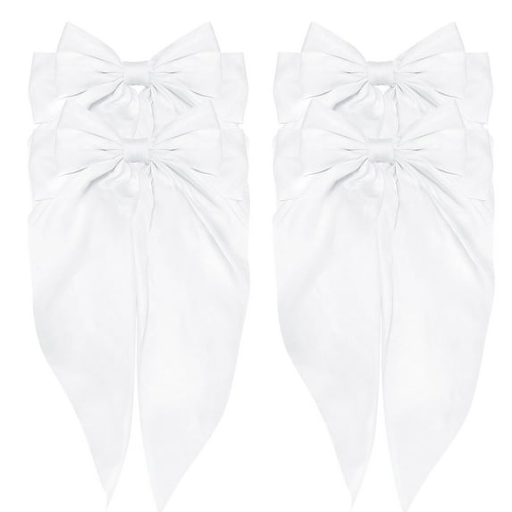 White Hair Bows Silky Satin Hair Ribbons 4Pcs Oversized Long Tail Large Bow Hair Clips Bowknot Aesthetic Wedding Hair Accessories for Women Girls