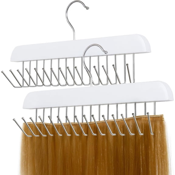 White Hair Extension Holder for Styling, Washing, Drying. Braiding Hair Rack for Weft, Clip in, Tape in and Halo Extensions. 2 Packs Hair Extension Hanger for Closet.