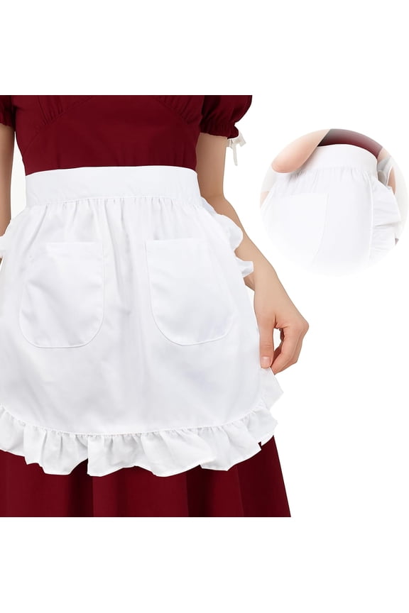 White Half Apron for Women,Maid Costume Ruffle Apron with Pockets,Waitress Servant Restaurant Maid Uniform Kitchen Cooking Apron for Halloween Cosplay, Kitchen, Cafe, Party