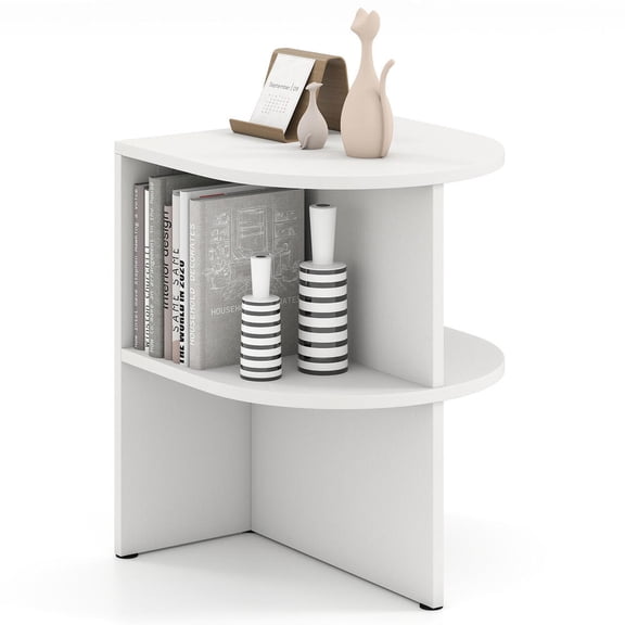 White Half Round End Table with 2 Open Shelves, 15 X 15 X 19 In, for Small Space, Living Room, Bedroom, Office