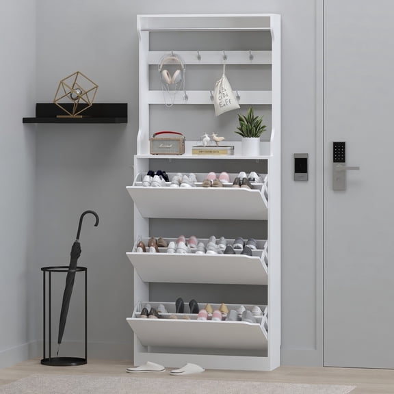 White Hall Tree Shoe Storage Cabinet with Coat Rack, 3 Flip-Down Drawers and Hooks