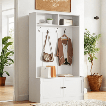 White Hall Tree with Storage Bench, 65" Tall Entryway Bench with Shoe Storage, Coat Rack and Top Shelf, Freestanding Wooden Hall Tree with Bench for Entryway, and Hallway