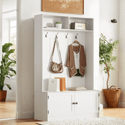 White Hall Tree with Storage Bench, 70.9 Tall Entryway Bench with Shoe Storage, Coat Rack and Top Shelf, Freestanding Wooden Hall Tree with Bench for Entryway, and Hallway