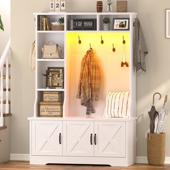 White Hall Tree with LED Lights, Coat Racks, Shoe Storage & Adjustable Shelf