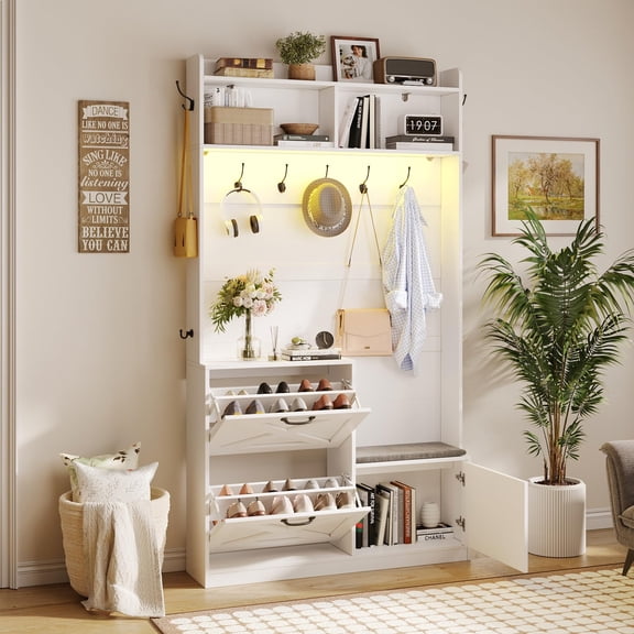 White Hall Tree with Shoe Storage, Bench, Coat Hooks & LED Lighting