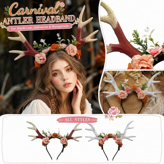 White Halloween Antler Band, Floral Party Decorations Headband, Fall and Halloween Decor Headwear, Artificial Fall Flowers Decorated Deer Antlers, 14X11 Inch Lightweight Accessory