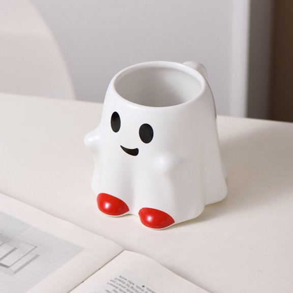 White Halloween Ceramic Mug: Ghost Cat Bat Design Coffee Cup for Teens, Boys, Girls. Non-Scary Fall, Autumn Decor. Halloween, Thanksgiving Gift Idea. Durable, Dishwasher Safe Daily Mug.
