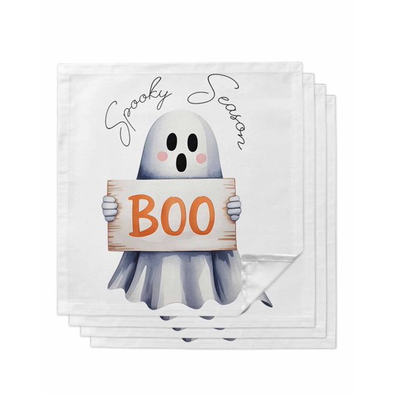 White Halloween Cloth Napkins Set of 4 Reusable Dinner Napkins, Ghost Modern Art Cute Cocktail Napkin Washable Table Napkins for Wedding/Holiday Party/Baby Shower 20"x20"