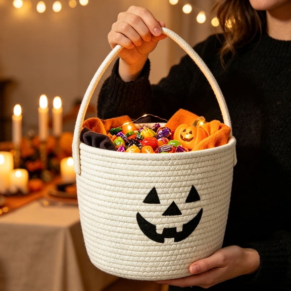 White Halloween Cotton Rope Woven Basket, Embroidered Pumpkin Trick or Treat Candy Bucket with Handle, Handheld Storage Organizer for Party Decor