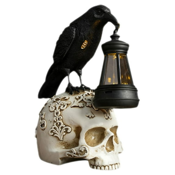 White Halloween Crow Skull Lantern-Halloween Decorations-Halloween Decor Collectible Figurines Resin Sculpture Gothic Decor,Halloween Crow Ornament Retro Desktop Skeleton Prop Resin Ornament