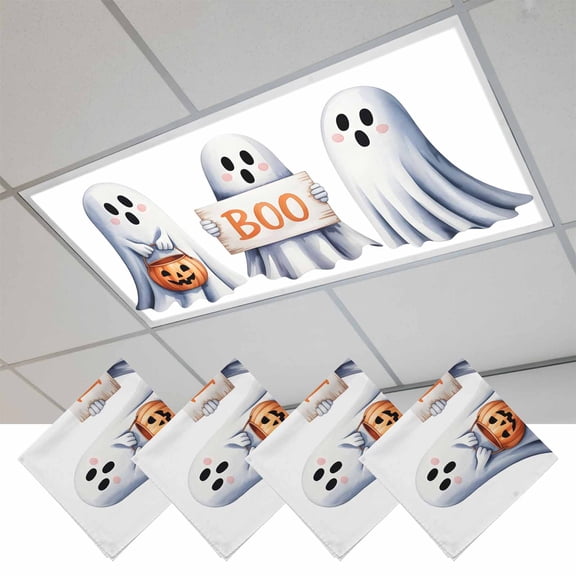 White Halloween Fluorescent Light Covers, Ghost Modern Art Cute Magnetic Light Covers for Ceiling Lights, Fluorescent Ceiling Shade Filters for Classroom Bedroom Office 4x2Ft x 4PCS