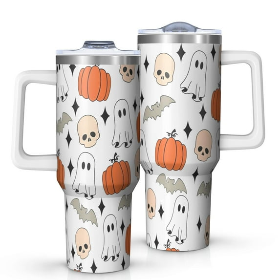 White Halloween Ghosts Skulls and Bats Tumbler with Handle and Lid,40oz Double Wall Vacuum Insulated Tumbler,Cups Gift for Women and Men