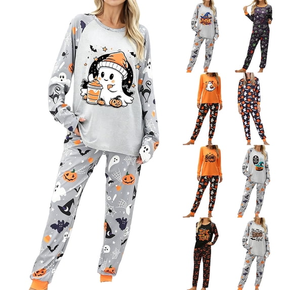 White Halloween Pjs Women Polyester,Spandex Button Down Pajamas for Women Set Long Sleeve & Long Pants Soft 3XL