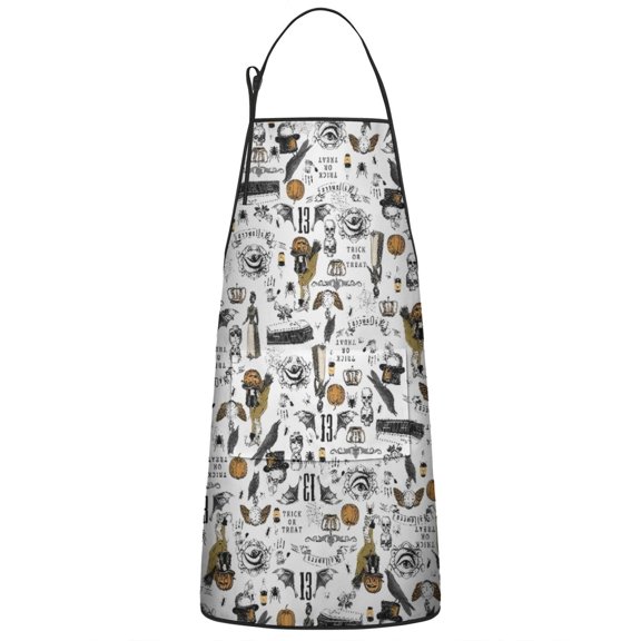 White Halloween Pumpkin Bat Pattern Apron-Garden Aprons for Women with Pockets-Cotton Linen Waterproof Kitchen Cooking Gardening Aprons Adjustable for Kitchen,Cooking,BBQ and Salon 33"x27"