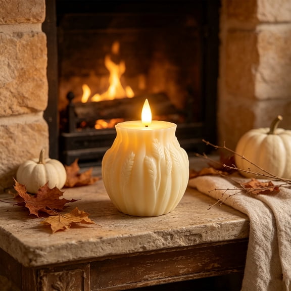 White Halloween Pumpkin Electronic Candle, Flameless LED Jack-O-Lantern with Flickering Flame Effect, Battery Operated Thanksgiving Table Decor, 2.4 Inches