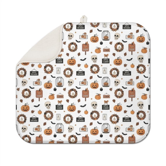 White Halloween Pumpkin Skull Bat Pattern Dish Drying Mat for Kitchen 1 Pack, Ultra Absorbent Microfiber Dishes Drainer Mats,16"x18"