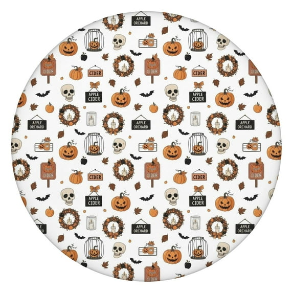 White Halloween Pumpkin Skull Bat Pattern Round Fitted Tablecloth with Elastic Edge,Dining Table Cover Waterproof,Outdoor Round Tablecloth for Camping,Dining,Indoor and Outdoor