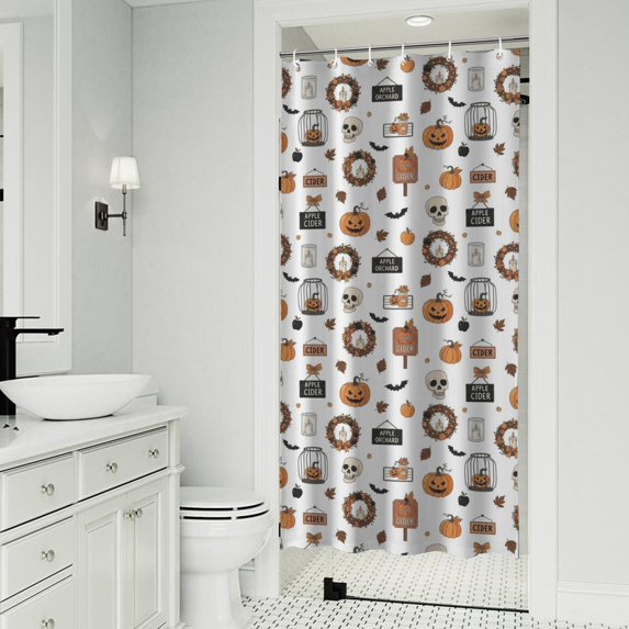 White Halloween Pumpkin Skull Bat Pattern Shower Curtain 36"x72" ,Bathroom Decorative Shower Curtains Set with 12 Hooks,Modern Waterproof Washable Shower Curtain
