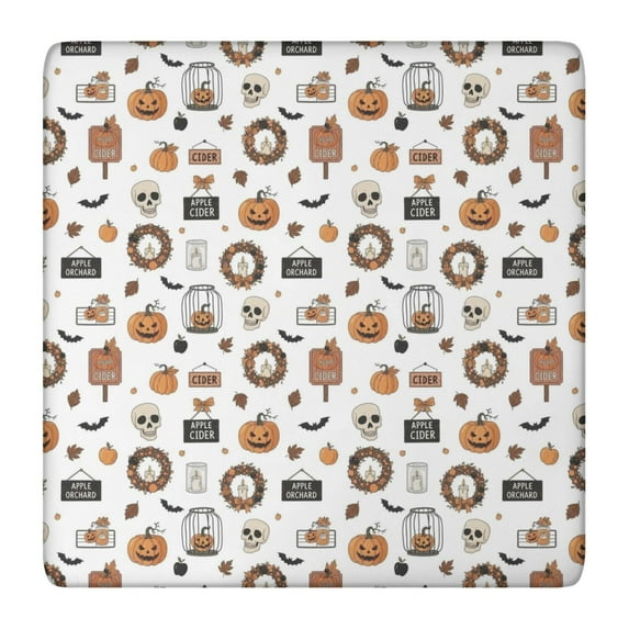 White Halloween Pumpkin Skull Bat Pattern Square Fitted Tablecloth with Elastic Edge,Square Table Cover,Washable Elastic Table Cover for Home Kitchen Party Decor 36"x36"
