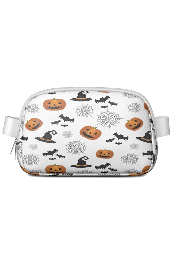 White Halloween Pumpkins Bats and Witch Hats Cute Fanny Packs for Women,Travel Waterproof Crossbody Fanny Bags Waist Purse for Women Anti Theft Adjustable Strap for Running Travel Cycling