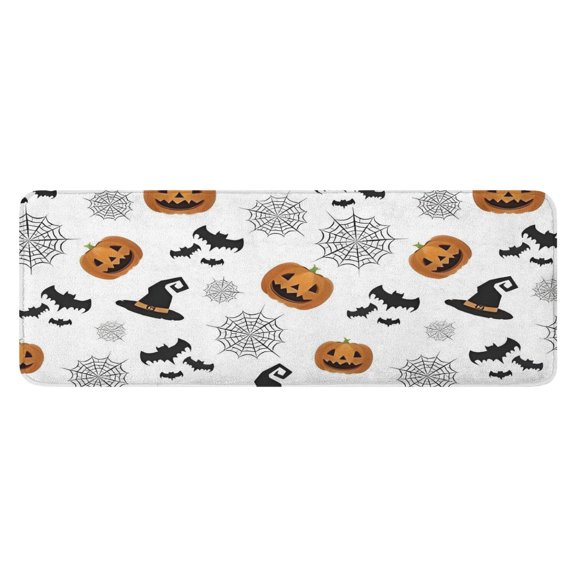 White Halloween Pumpkins Bats and Witch Hats Kitchen Rug Mat,Kitchen Runner Rugs Non Skid Washable,Decorative Kitchen Floor Mats for Kitchen,Sink,Laundry,17"x47.2"