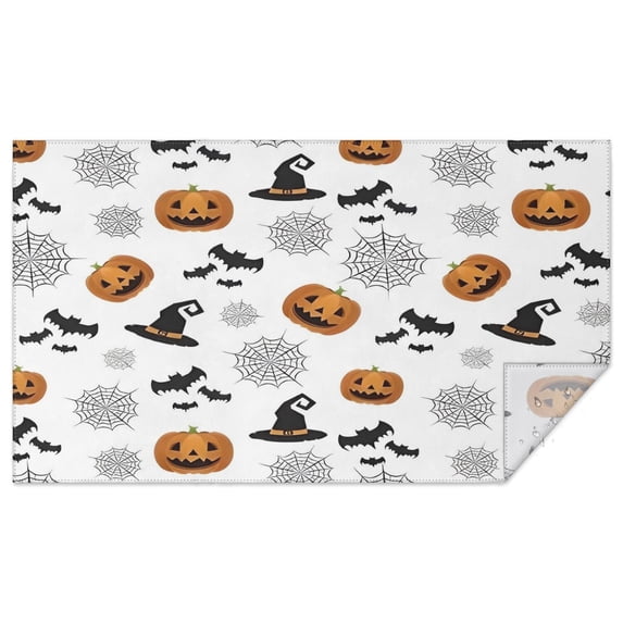 White Halloween Pumpkins Bats and Witch Hats Rectangle Tablecloth 60"x102",Waterproof Polyester Rectangle Table Cloth, Wipeable Spillproof Polyester Tablecloth for Dining, Camping, Indoor and Outdoor