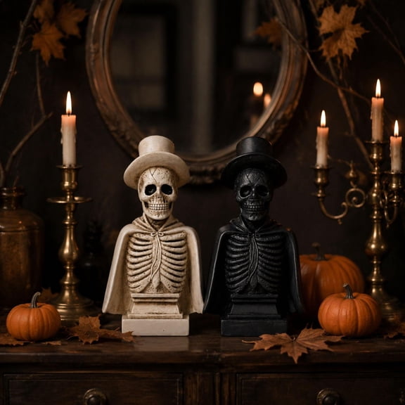White Halloween Skeleton Bust Display, Skeleton Decorations, Creepy Halloween Decorations, Halloween Party Decorations, Handcrafted Resin Spooky Skeleton with Top Hat on Sturdy