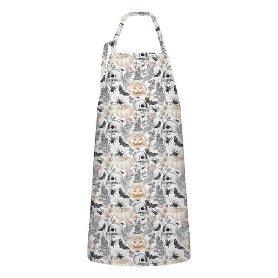White Halloween Skull Pumpkin Apron-Garden Aprons for Women with Pockets-Cotton Linen Waterproof Kitchen Cooking Gardening Aprons Adjustable for Kitchen,Cooking,BBQ and Salon 32"x27"