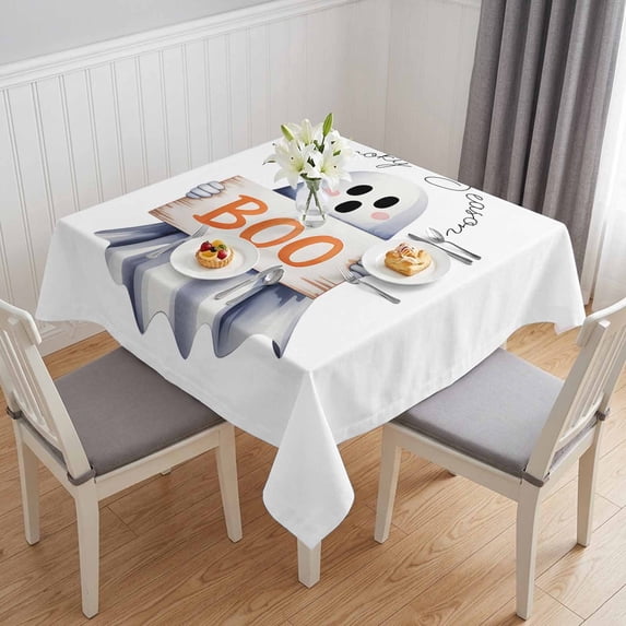 White Halloween Table Cloth Waterproof Tablecloths, Ghost Modern Art Cute Tablecloth Dining Table Cover for Kitchen Party Tabletop Outdoor, Square Tablecloth 60x60 Inch