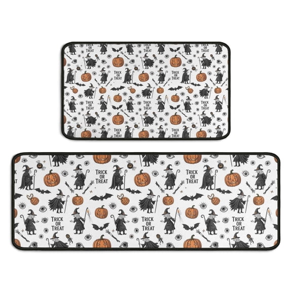 White Halloween Witch Pumpkin Pattern Kitchen Rugs Sets Of 2,Anti Fatigue Kitchen Mat Rugs Non Slip Washable,Decorative Kitchen Floor Mats for Kitchen,Sink,Laundry,17"X30"+17"X47"
