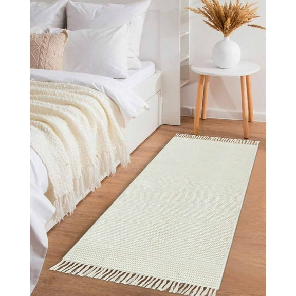 White Hallway Runner Rug 2x6ft,Pure White Solid Color Simple Minimalism Art Washable Woven Living Room Bedroom Kitchen Bathrom Carpet with Tassels,Indoor Outdoor Throw Door Mat for Entryway