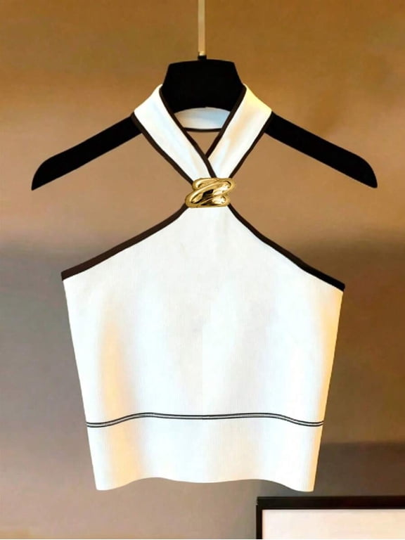 White Halter Neck Crop Top With Black Trim And Gold-Tone Ornamental Buckle
