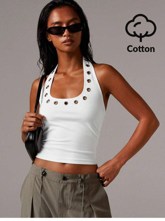 White Halter Neck Crop Top With Metal Eyelet Studs In Jersey Knit Fabric