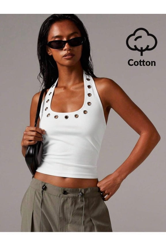 White Halter Neck Crop Top With Metal Eyelet Studs In Jersey Knit Fabric