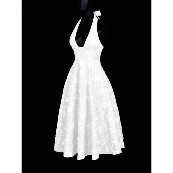 White Halter Neck Deep V-Neck Backless Bowknot Floral Jacquard Fit & Flare Dress