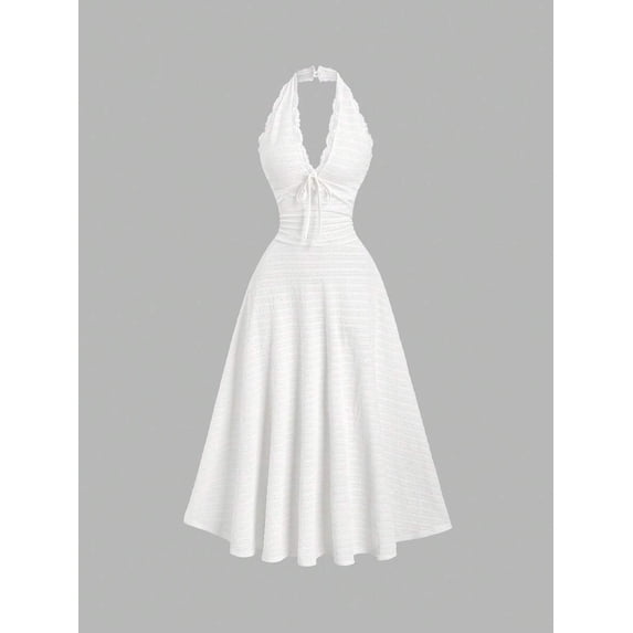 White Halter Neck Lace Trim Textured A-Line Ruffle Elegant Dress