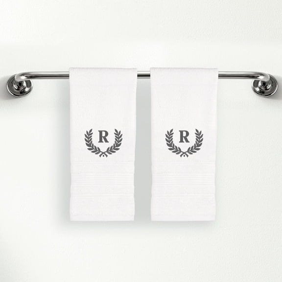 White Hand Towels Set - 2 Piece, Soft & Absorbent 100% Cotton - Perfect for Gifts, Home, Bathroom, Spa, or Kitchen - Wheat Design with Letter 'R' in Grey Thread