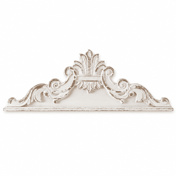 White Handcarved Wood Wall Pediment, 39 Inch Arabesque Scrollwork Farmhouse Decor