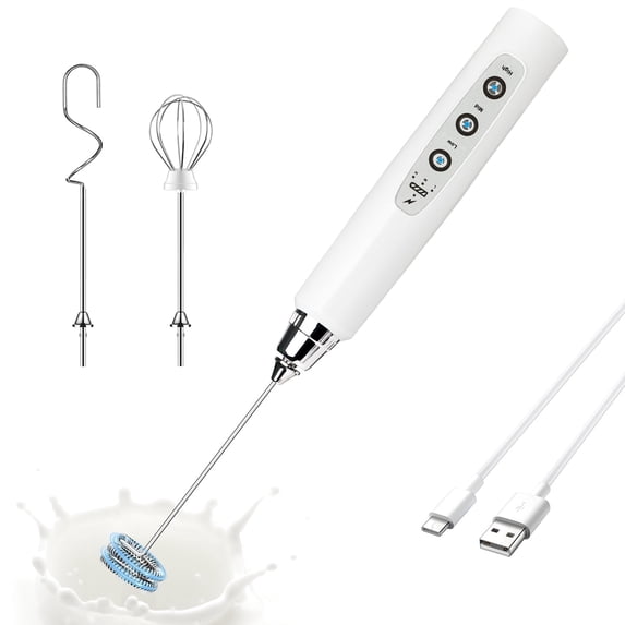 White Handheld Milk Frother Wand for Coffee, Rechargeable Electric Whisk with 3 Heads 3 Speeds Drink Mixer Coffee Frother For Latte, Cappuccino, Hot Chocolate, Egg
