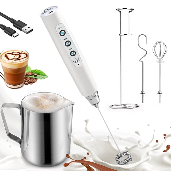White Handheld Milk Frother Wand with Stand & 14oz Milk Frothing Pitcher Milk Coffee Cappuccino Latte Art