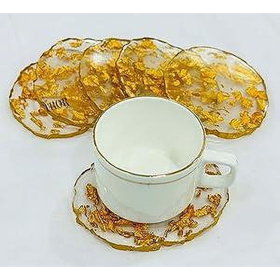 White Handmade and Handcrafted Golden Flakes and White Color Round Design Resin Coasters for Gift and Home Decor